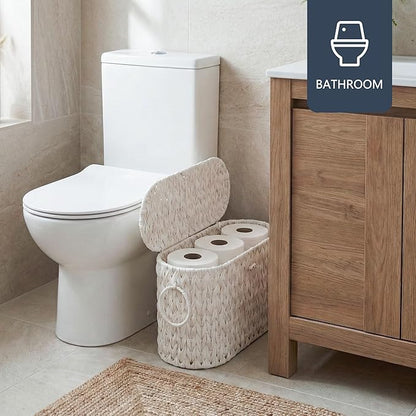 Toilet Paper Basket,Wicker Toilet Paper Storage with Lid,Decorative Boho Wicker Basket for Bathroom,Free Standing-Cream White