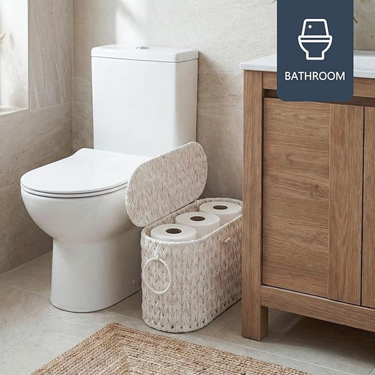 Toilet Paper Basket,Wicker Toilet Paper Storage with Lid,Decorative Boho Wicker Basket for Bathroom,Free Standing-Cream White