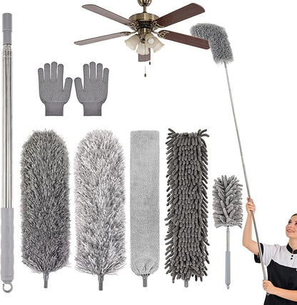 Microfiber Feather Duster Kit with Extension Pole, 7 PCS Washable Reusable Duster for Cleaning, 100'' Bendable Extendable Long Duster with Stainless Steel Pole for High Ceilings, Fans, Furniture & Car
