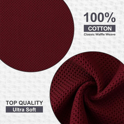 Kitinjoy 100% Cotton Kitchen Dish Cloths (12 X 12 Inches, Burgundy), 6 Pack Waffle Weave Ultra Soft Absorbent Dish Towels for Drying Dishes Quick Drying Kitchen Towels Dish Rags