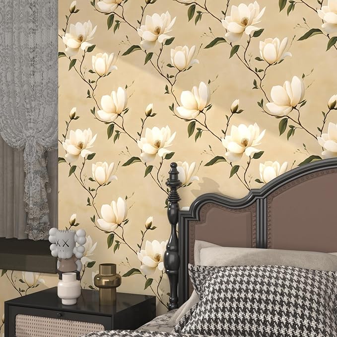 Vintage Floral Peel and Stick Wallpaper Khaki White Flowers Contact Paper 17.5"X118" Vinyl Waterproof Self Adhesive Removable Boho Modern Green Leaf Wall Paper for Cabinets Bathroom Walls Bookcase
