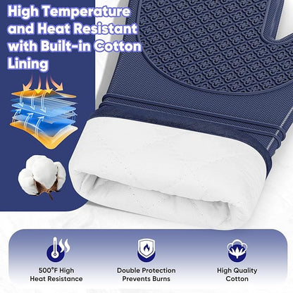 Silicone Oven Mitts, Heat Resistant Oven Gloves with Quilted Liner, Waterproof & Non-Slip Kitchen Mittens for Baking Cooking BBQ, 500°F, 12.5"-Ink Blue
