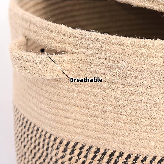 Extra Large Storage Basket with Lid 60L, 16"Wx18"H Woven Laundry Hamper Basket with Handle, Jute Rope Wicker Basket Blankets Pillows Storage in Living Room Baby Nursery, Jute/Black Mix includes Lid