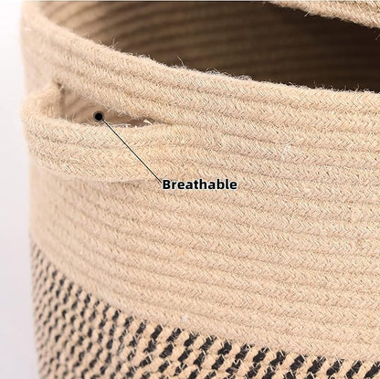 Extra Large Storage Basket with Lid 60L, 16"Wx18"H Woven Laundry Hamper Basket with Handle, Jute Rope Wicker Basket Blankets Pillows Storage in Living Room Baby Nursery, Jute/Black Mix includes Lid