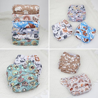 Mama Koala 3.0 Cloth Diapers for Babies with AWJ Lining, 6 Pack with 6 5-Layer Natural Cloth Diaper Inserts - Reusable and Washable Pocket Diapers(A-Animals' Love)