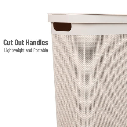 Mind Reader Slim Laundry Hamper with Lid, 40L Clothes Basket, Linen Design, Plastic, Ivory