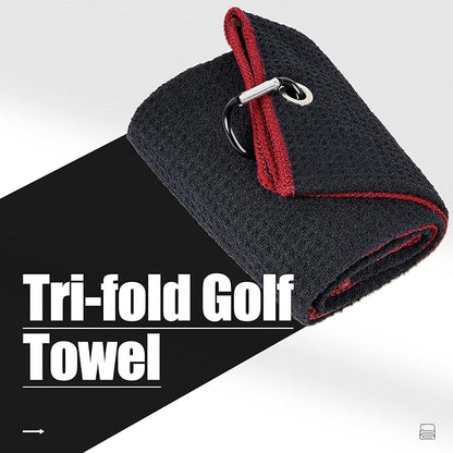 Mile High Life Tri-fold Golf Towel | 16" X 24" | Premium Microfiber Fabric | Waffle Pattern | w Heavy Duty Carabiner Clip | for Men and Women (2 Pack Black/Red)