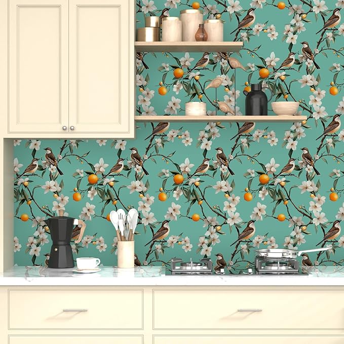Teal White Bird Floral Wallpaper Peel and Stick, Fresh Orange Tree Contact Paper, Self Adhesive Removable Retro Flower Wall Mural Wall Paper for Room Walls Shelves Cabinet Table Decor 17.5" x 118"