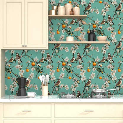 Teal White Bird Floral Wallpaper Peel and Stick, Fresh Orange Tree Contact Paper, Self Adhesive Removable Retro Flower Wall Mural Wall Paper for Room Walls Shelves Cabinet Table Decor 17.5" x 118"