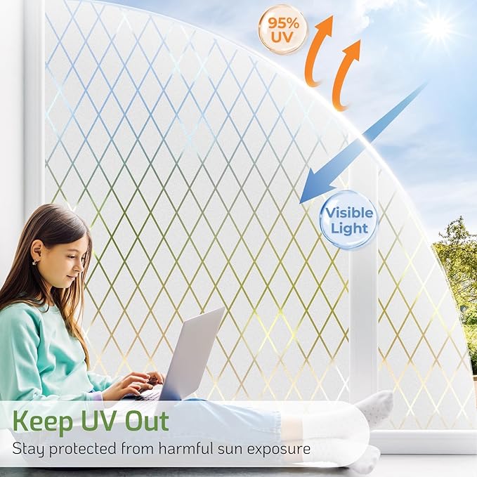 LUTE Frosted Glass Window Privacy Film, Static Cling Non-Adhesive Heat Control Window Cover, Removable Decorative Frosting Decals for Home Office, Lattice Pattern, 35.4" x 78.7"
