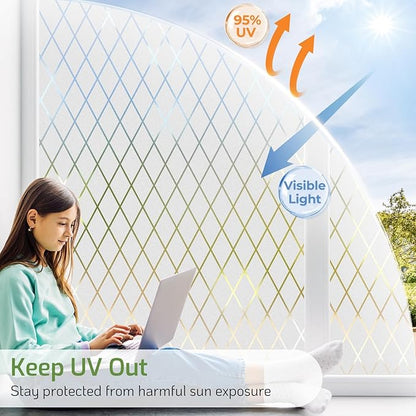 LUTE Frosted Glass Window Privacy Film, Static Cling Non-Adhesive Heat Control Window Cover, Removable Decorative Frosting Decals for Home Office, Lattice Pattern, 35.4" x 157.4"