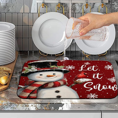 Snowman Christmas Dish Drying Mat Winter Drying Mats for Kitchen Counter Xmas Holiday Red Dish Draining Mat Microfiber Absorbent Reusable Dish Rack Pad 16x18 Inch