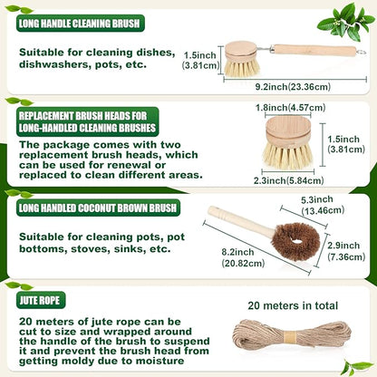 8 Pcs Bamboo Dish Brush Dish Washing Scrub Bottle Brush Wooden Palm Pot Brush Cleaning Scrubbers with Natural Sisal Bristles Long Handle for Pots Pans, Bottle, Sink, Vegetables, Household Cleaning