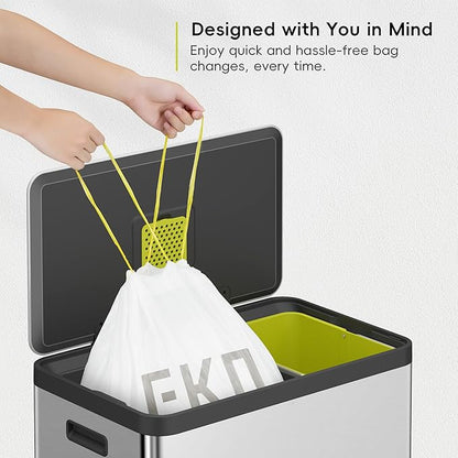 EKO Easy-Dispense Roll 80 Count Extra-Strong Drawstring Tall Kitchen Trash Bag, 8-9.5 Gallon Trash Bag (30.3L-36L) 1 Pack White, Code E