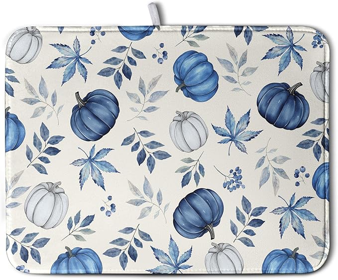 Fall Dish Drying Mat Blue Pumpkin Maple Leaves Drying Mats for Kitchen Counter 18x24 Inch Autumn Thanksgiving Absorbent Microfiber Dish Draining Mat Dishes Pad with Hanging Loop