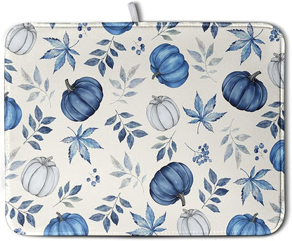 Fall Dish Drying Mat Blue Pumpkin Maple Leaves Drying Mats for Kitchen Counter 18x24 Inch Autumn Thanksgiving Absorbent Microfiber Dish Draining Mat Dishes Pad with Hanging Loop