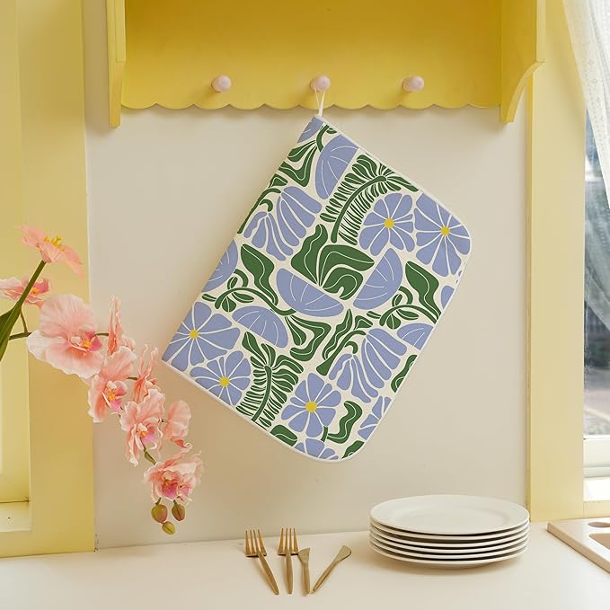 Boho Floral Drying Mat 18x24 Inches For Kitchen Counter Absorbent Spring Summer Abstract Blue Green Flower Kitchen Drying Mat Pad For Home Kitchen,Dining Room,Office Decoration