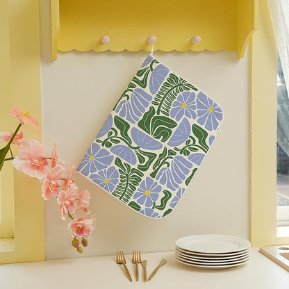 Boho Floral Drying Mat 18x24 Inches For Kitchen Counter Absorbent Spring Summer Abstract Blue Green Flower Kitchen Drying Mat Pad For Home Kitchen,Dining Room,Office Decoration