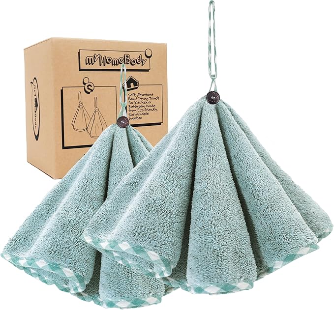 myHomeBody Hand Towels with Hanging Loops, Absorbent Charcoal Fiber Cleaning Clothes with Coconut Shell Button for Kitchen, Round Shape, Set of 2, Pine Green