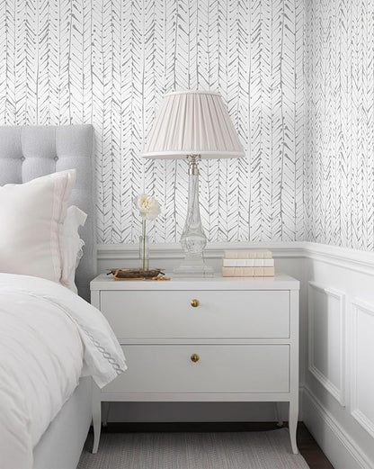 Guvana 16.14"x197" Herringbone Striped Wallpaper Grey and White Modern Contact Paper Self Adhesive Wall Paper Waterproof Removable Wallpaper for Livingroom Bathroom Decor