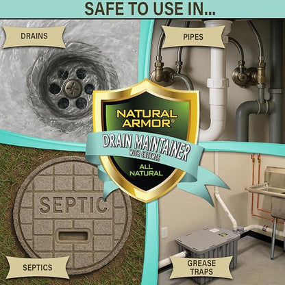 Natural Armor Enzyme Drain Maintainer - Quart Drain Cleaner with Natural Enzyme Power to Prevent Buildup & Odors - Safe for Sinks, Showers, Grease Traps & Septic - Non-Toxic Formula, 2.5 Gallon Case