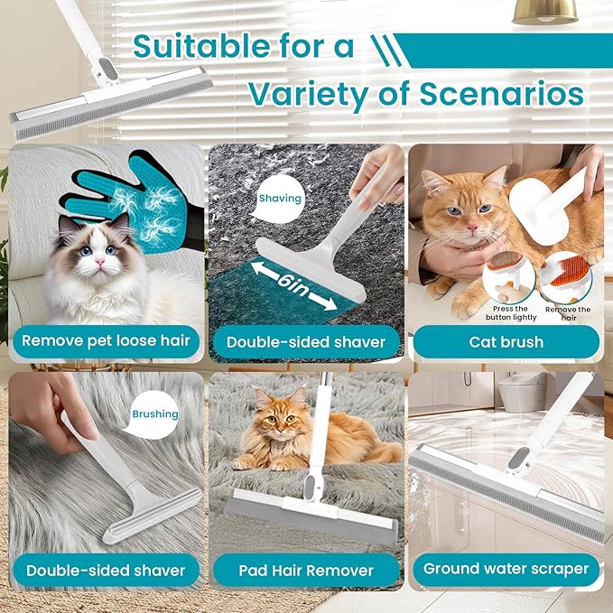Carpet Rake for Pet Hair Removal Tool, 60” Adjustable Long Handle Pet Carpet Brush, Reusable Carpet Scraper Dog cat Hair Remover for Carpets, Rugs, Mats, and Stairs
