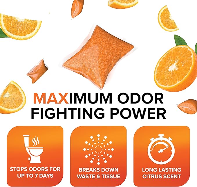Camco TST MAX RV Toilet Treatment Drop-INs - Control Unwanted Odors and Break Down Waste and Tissue - Safe Septic Tank Treatment - Orange Scent - 15-Pack (41189)