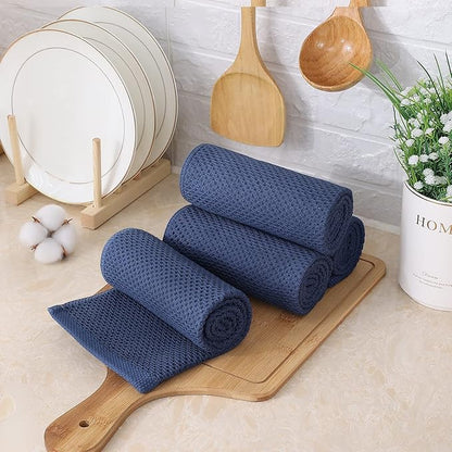 Kitinjoy 100% Cotton Waffle Weave Kitchen Hand Towels (13 x 28 Inches, Navy Blue), 4-Pack Super Soft and Absorbent Dish Towels for Drying Dishes