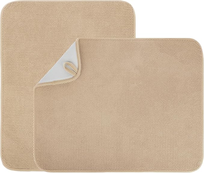 2 Pack Microfiber Dish Drying Mat for Kitchen Counter,Ultra Absorbent Dish Drainer Mat ,Dish Drying Pad ,Dish Rack Mat 20×15 Inch (Beige)