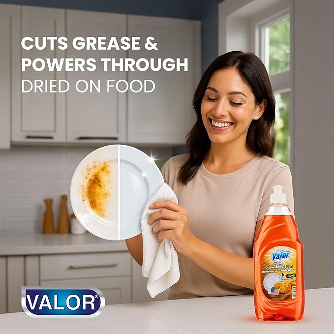 Valor Dishwashing Liquid, 25 fl oz – Dish Soap for Kitchen & Bathroom, Grease-Fighting, Gentle on Hands, Fast Rinse, Eco-Friendly Biodegradable Formula (25.5 oz (Pack of 6), Orange)
