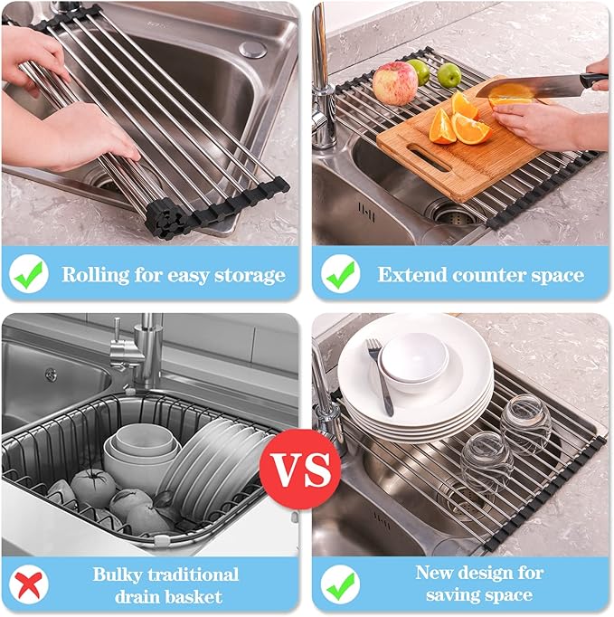 Seropy Roll Up Dish Drying Rack Over The Sink for Kitchen Sink Drying Rack Folding Dish Drainer Mat Rolling Dish Rack Sink Rack Stainless Steel Kitchen Dry Rack Black 17.5x15.7 Inch