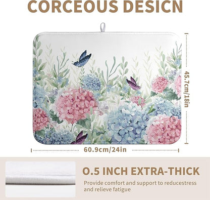 Spring Flowers Dish Drying Mat for Kitchen Counter Blue Pink Hydrangea Floral Drying Mats Absorbent Reversible Microfiber Dish Draining Mat Reusable Washable Dishes Pad Extra Large 18"x24"