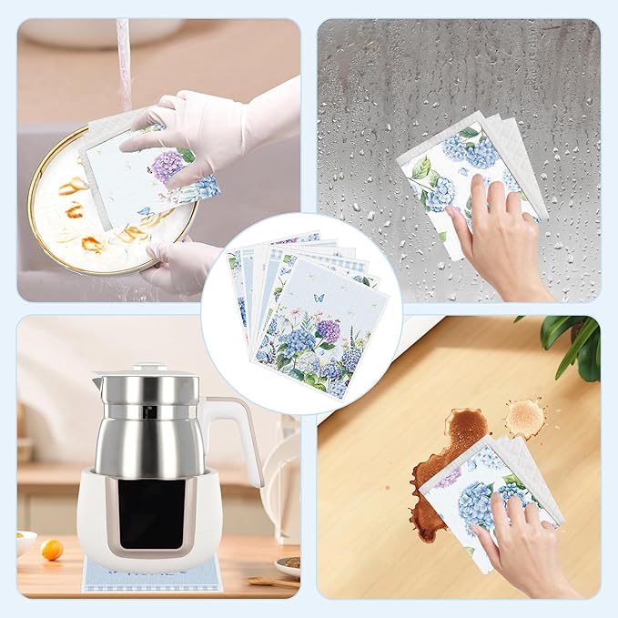 Swedish Dishcloths for Kitchen, 6 Pack Spring Summer Hydrangea Floral Kitchen Towels, Non-Scratch Swedish Dish Cloths Reusable Paper Towels Super Absorbent Cellulose Sponge Cloths