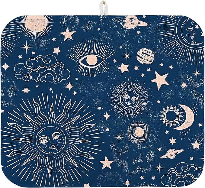 Dish Drying Mat for Kitchen Counter 18x24 Inch, Super Absorbent Dish Drainer Mat, Decorative Microfiber Dishes Drying Pad-Large(Navy Blue Moon)