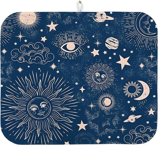 Dish Drying Mat for Kitchen Counter 18x24 Inch, Super Absorbent Dish Drainer Mat, Decorative Microfiber Dishes Drying Pad-Large(Navy Blue Moon)