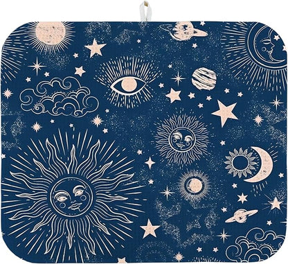 Dish Drying Mat for Kitchen Counter 16x18 Inch, Super Absorbent Dish Drainer Mat, Decorative Microfiber Dishes Drying Pad-Small(Navy Blue Moon)