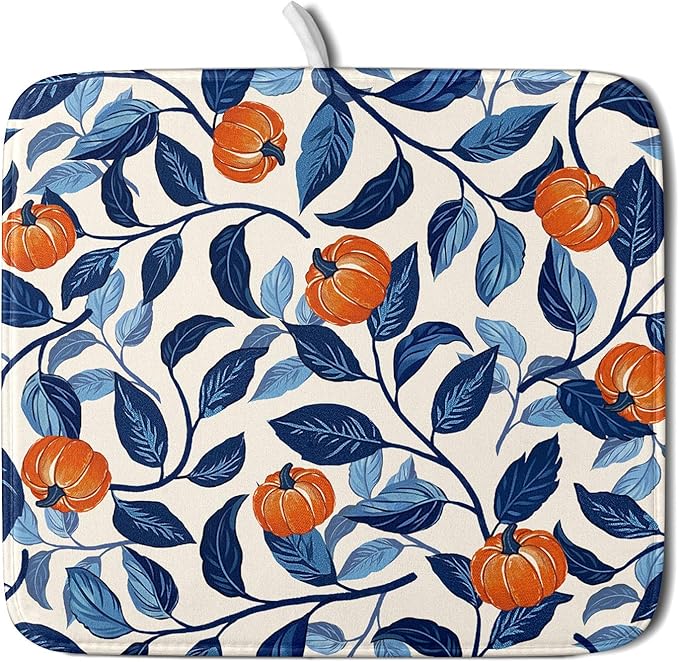 Autumn Pumpkin Dish Drying Mat for Kitchen Counter 16x18 Inch Blue and Orange Fall Thanksgiving Leaf Absorbent Reversible Microfiber Dish Drainer Rack Mats Countertops Protector Mat