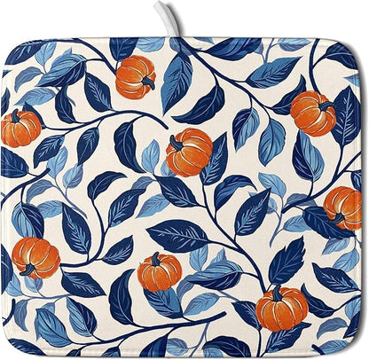 Autumn Pumpkin Dish Drying Mat for Kitchen Counter 16x18 Inch Blue and Orange Fall Thanksgiving Leaf Absorbent Reversible Microfiber Dish Drainer Rack Mats Countertops Protector Mat