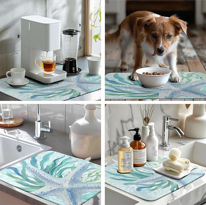 Summer Coastal Dish Drying Mats for Kitchen Counter Nautical Beach Starfish Coral Drying Pad Ocean Teal Blue Dish Draining Mats Absorbent Microfiber Dish Drainer Rack Mat Extra Large 18"x24"