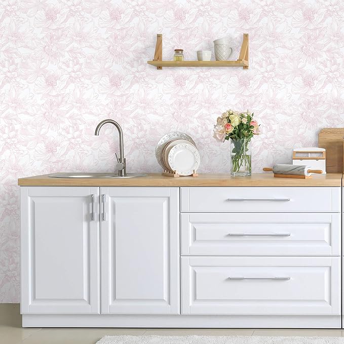 Ismoon Large Floral Peel and Stick Wallpaper Boho White/Pink Contact Paper 17.3inx32.7ft Removable Self Adhesive Bedroom Cabinet Mural Wall Decor Vinyl Roll