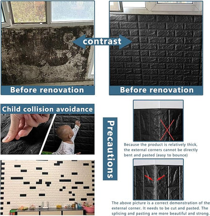 10 PCS Black 3D Wall Panels, 14.5 sq.feet Coverage, Printable Wallpaper Sticker with Self-Adhesive Waterproof Brick PE Foam Wall Panels Peel and Stick for Interior Wall Decor, Home Decoration