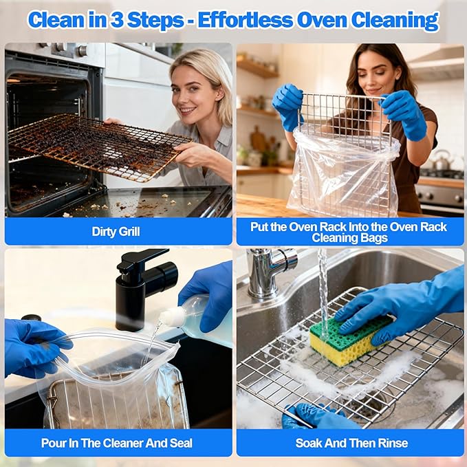 Palksky Oven Rack Cleaning Bags, Heavy Duty No Scrub Oven Rack Cleaning Bags, Reusable Leak-Resistant PE Bags for Deep Soaking Grill Grates, BBQ Racks, No Cleaner Included, 3 Pack(15.7''*23.7'')
