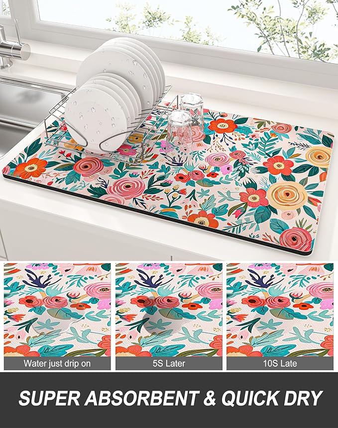 Rnivvi Dish Drying Mat for Kitchen Counter, 12 x 19" Cute Flower Super Absorbent Draining Pad, Non-Slip Heat Resistant Coffee Bar Mats for Coffee Machine Station Accessories, Colorful Dish Rack Pad