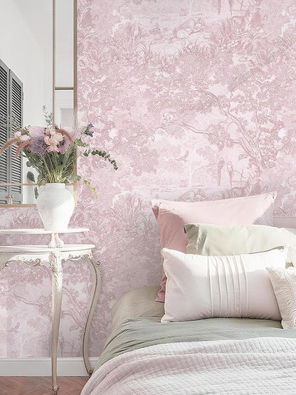 Dimoon 17.3" X 188.9" Peel and Stick Wallpaper Pink White Modern Forest Floral Wallpaper Renter Friendly Waterproof Removable Self Adhesive Wall Paper Bedroom Livingroom Cabinets Vinyl