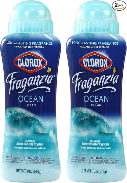 Clorox Fraganzia Laundry Scent Booster Crystals, In-Wash Fragrance Beads for Fresh-Smelling Clothes & Linens, Safe for All Fabrics & Colors, Easy-Pour Bottle, Ocean Scent, 18 Oz, 2 Pack
