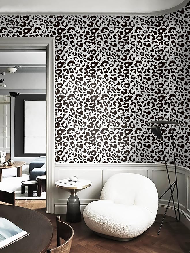 Ismoon Delicate Black and White Peel and Stick Wallpaper 17.3"X118" Leopard Wallpaper Modern White Contact Paper Thickened Removable Self-Adhesive Wall Paper for Home Decoration Vinyl Film Roll
