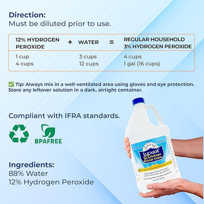Lucasol Food Grade Hydrogen Peroxide 12% Percent - 1 Gallon (128 oz) - Multi-Purpose Cleaner, Laundry, Plant Care & Bleach Alternative