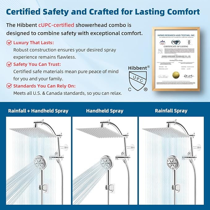 Hibbent All Metal cUPC Certified Shower Head, 10'' High Pressure Rainfall Shower Head, Handheld Showerhead Combo with 16'' Adjustable Extension Arm, 10 Sprays, 71'' Hose, Showerhead Holder, Chrome
