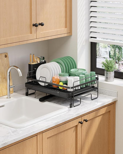 Kitsure Extendable Dish Drying Rack - Adjustable Length 12.8"–21.0", Auto-Draining Dish Rack for Kitchen Counter, Rust-Resistant Metal Frame Over-Sink Support for Plates, Bowls & Utensils, Black