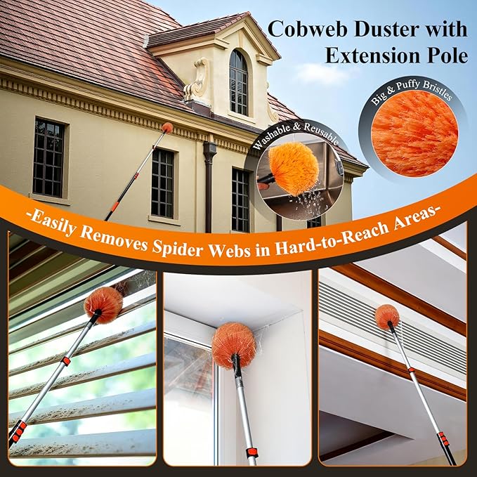 26ft High Reach Duster Kit with 5-20ft Heavy-Duty Extra Long Extension Pole, Vaulted Ceiling Cobweb Brush, Washable Ceiling Fan Duster, Microfiber Duster & Window Squeegee for Tall Ceiling